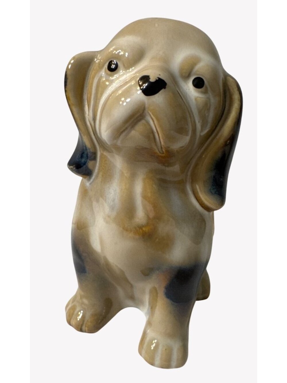 Vintage Porcelain Dog Figurine Tan Brown Black Droopy 5"x2.5" Heavy‎ Unbranded
